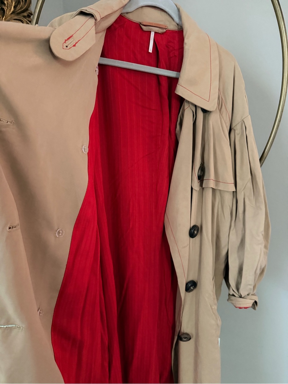 Free People Beige Trench Coat with Red Lining - Women’s Belted Trench - Picture 13 of 14